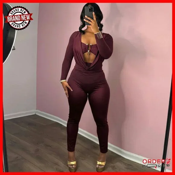 Long Sleeve Cowl Neck Hollow Out Bodycon Jumpsuit Club Outfit